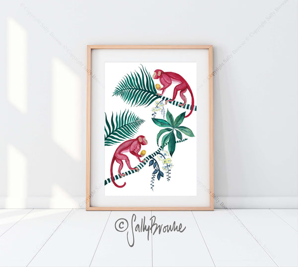 Pink Monkeys and Palms, Limited Edition Signed Fine Art Print