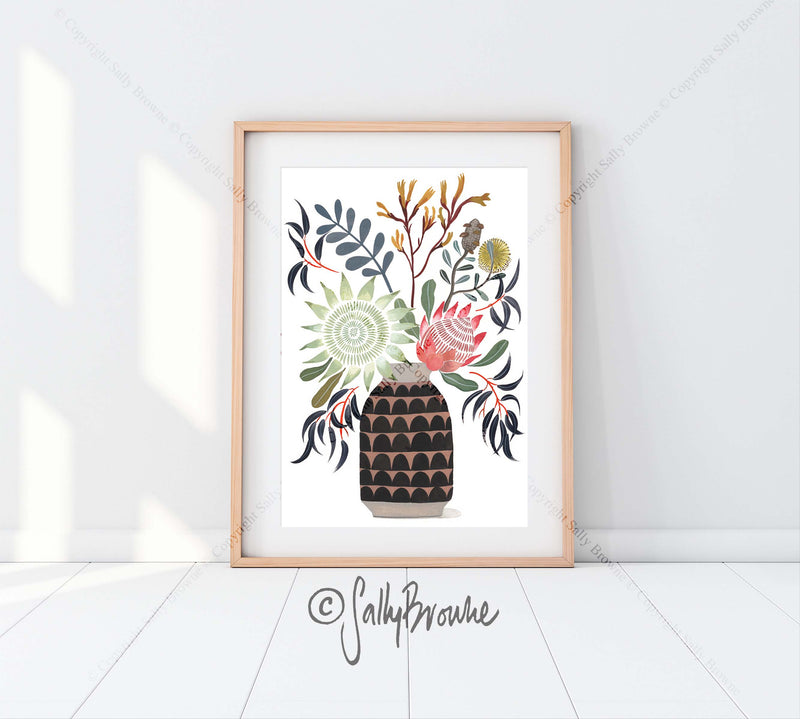 King Protea and Natives in Ceramic Vase, Limited Edition Signed Fine Art Print