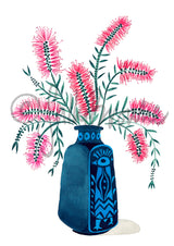 Pink Callistemon in Retro Peacock Vase, Limited Edition Signed Fine Art Print