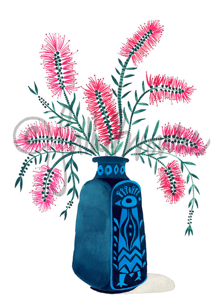 Pink Callistemon in Retro Peacock Vase, Limited Edition Signed Fine Art Print