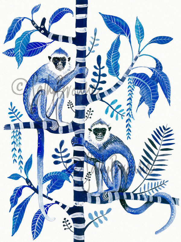 Indigo Monkeys on Frangipani Tree, Limited Edition Signed Fine Art Print