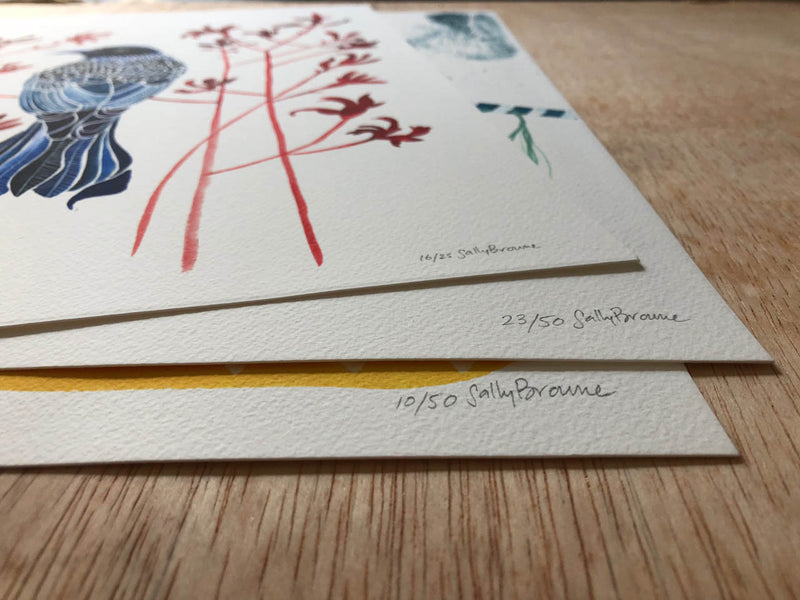 Indigo Kookaburras & Magenta Peonies, Limited Edition Signed Fine Art Print