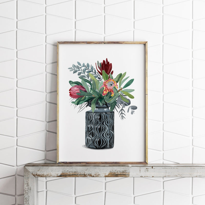 Proteas and Natives in Grey Onion Vase, Limited Edition Signed Fine Art print