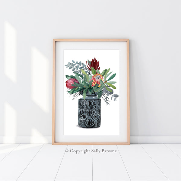 Proteas and Natives in Grey Onion Vase, Limited Edition Signed Fine Art print