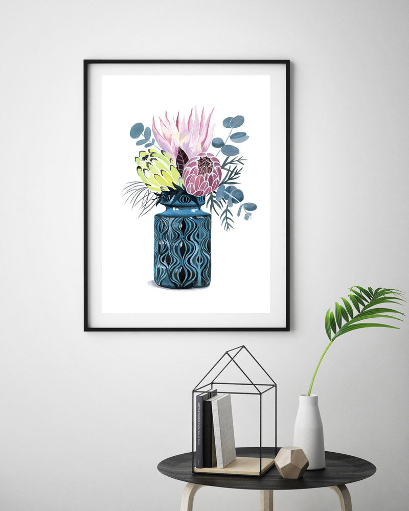 Protea Trio In West German Onion Vase, Limited Edition Signed Print