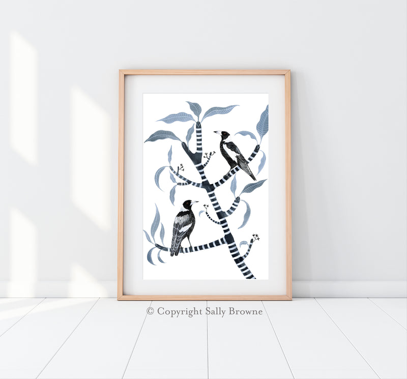 Two for Joy, Australian Magpie and Frangipani, Limited Edition Signed Fine Art print.