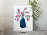 Pink Callistemon in Retro Peacock Vase, Limited Edition Signed Fine Art Print