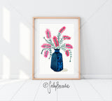 Pink Callistemon in Retro Peacock Vase, Limited Edition Signed Fine Art Print