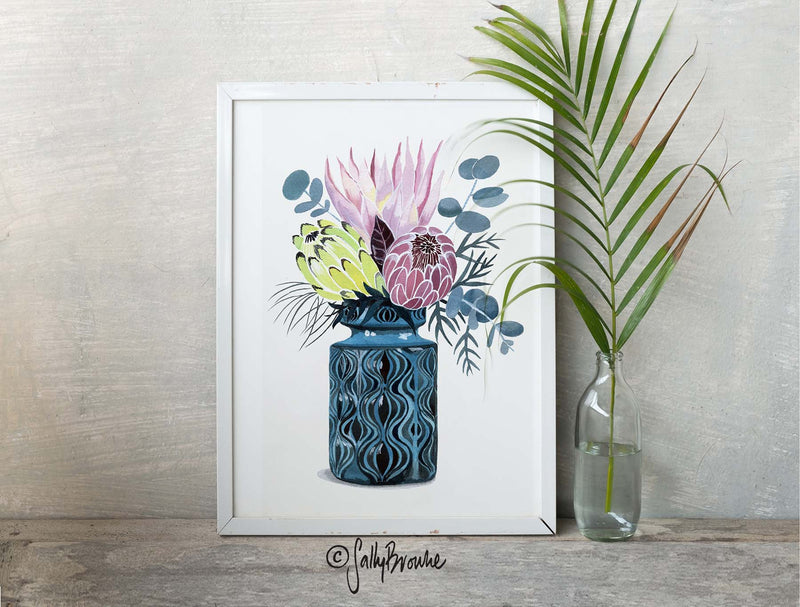 Protea Trio In West German Onion Vase, Limited Edition Signed Print