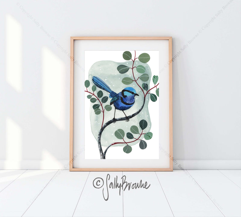 Splendid Fairy Wren and Silver Dollar Eucalyptus, Limited Edition Signed Fine Art Print
